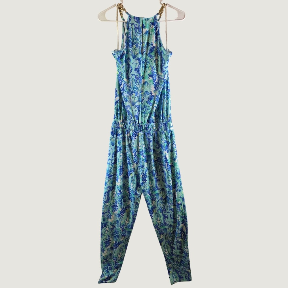 Lilly Pulitzer Keeran Jumpsuit Seeing Double Sea Glass Aqua Gold Chain XS NEW - Picture 7 of 7